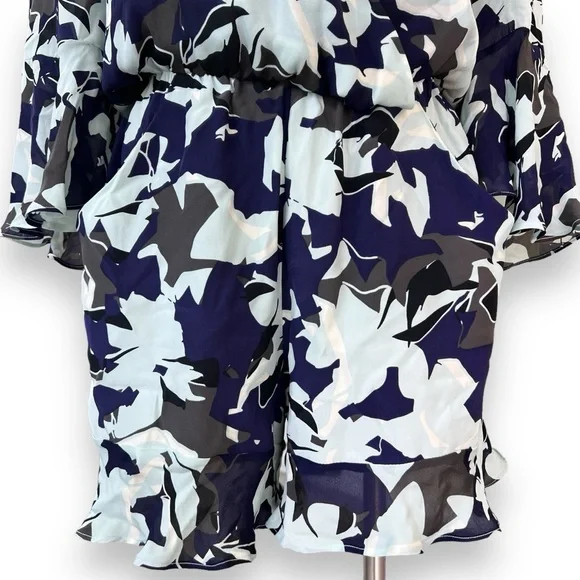Parker Belize Print Romper 100% Silk Bell Sleeve Wrap Front V-Neck Vented Back